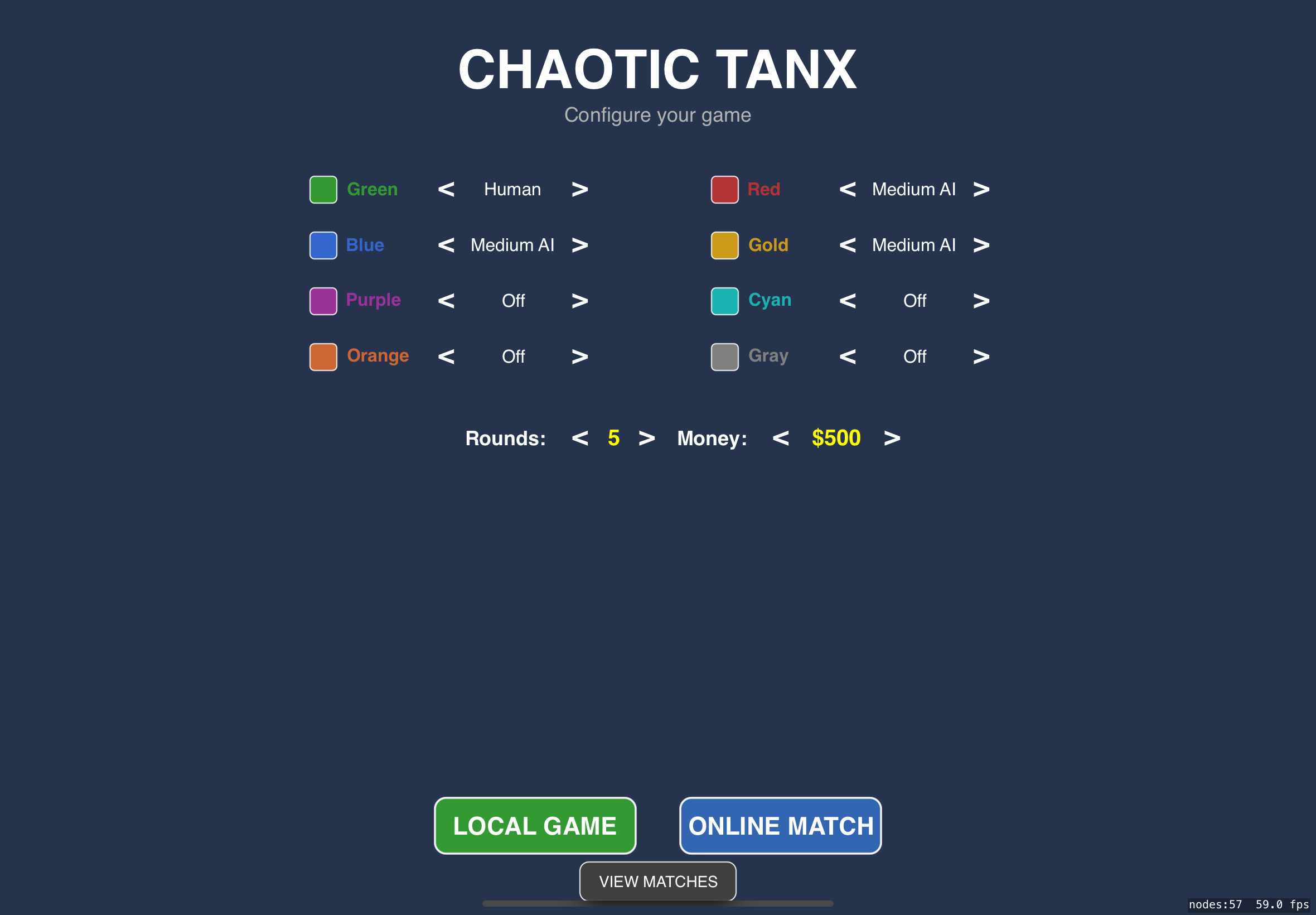 Game configuration menu